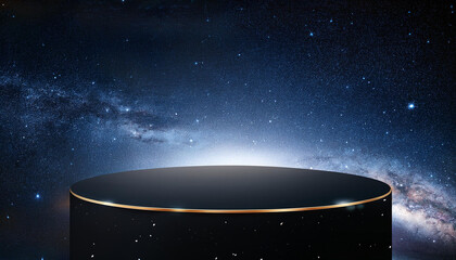 mockup midnight black podium for product cosmic background with distant galaxies and glowing stars