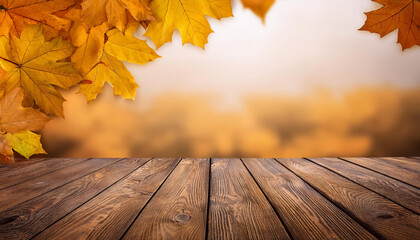 nature background of yellow autumn leaves on wooden plank with copy space image
