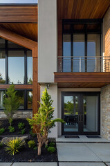 Fototapeta premium Modern House Exterior: Contemporary Architecture Design. Luxury Home with Stunning Balcony and Landscaping. Real Estate