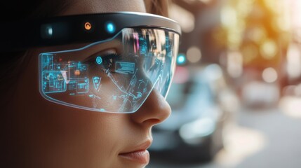 A person using augmented reality glasses to enhance their daily commute with real-time navigation and information overlays, AR commute enhancement theme, Urban style