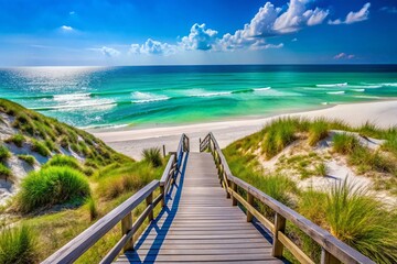 Obraz premium Scenic 30A Beach Access: Turquoise Waters & Coastal Dunes