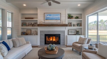 Fototapeta premium Cozy Coastal Living Room With Fireplace, Built-In Shelves, And Comfy Seating, Offering A Relaxed And Inviting Atmosphere.
