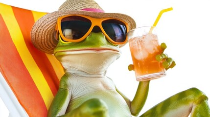 A Cool Frog Chilling On A Beach Chair, Wearing Sunglasses And A Hat, Enjoying A Refreshing Drink. Summer Vibes!