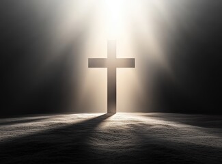 Naklejka premium Wooden Cross Illuminated by Rays of Sunlight in a Desert Landscape