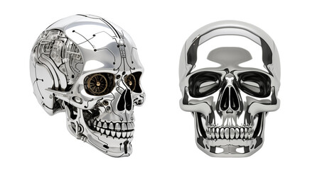 chrome 3d reflective skull on a transparent white background 