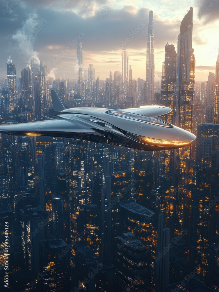 Aufkleber futuristic airplane soaring over a glowing sci fi city during sunset in a high tech environment. gen