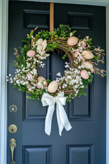 Easter wreath decorated with colorful eggs and blossoming flowers hanging on a front door. Spring season, handmade Easter decorations.