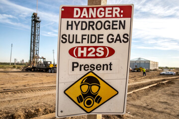 A warning sign indicating the presence of hazardous hydrogen sulfide gas (H2S) on a worksite, with a caution symbol for gas masks.