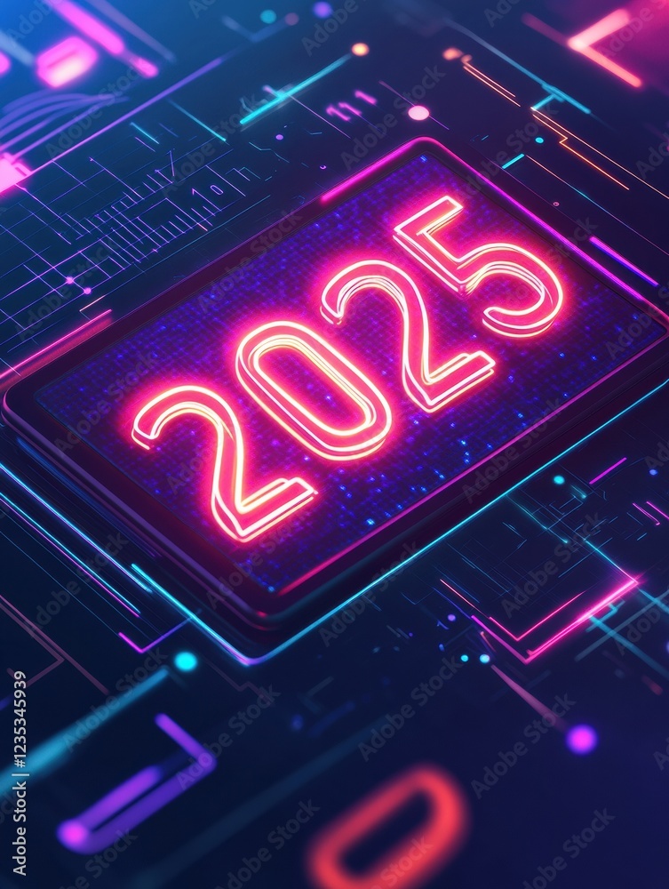 Aufkleber futuristic digital calendar showcasing the year 2025 with vibrant neon lights and intricate circuitr