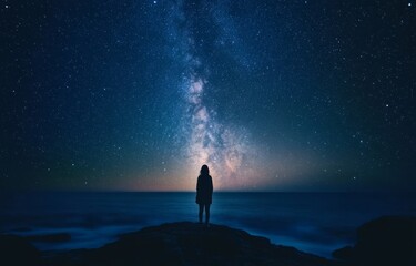 Solitary figure gazing Milky Way, ocean night