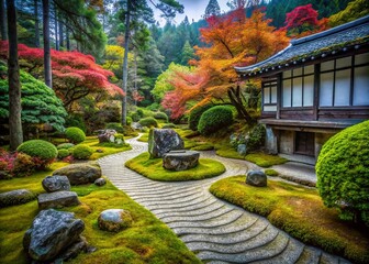 Serene Japanese Zen Garden: Moss-Covered Stones & Tranquil Landscape