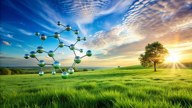 Serene Landscape Reflecting Chlorine Molecular Structure: A Vivid Green Meadow with a Symbolic Cl2 Molecule in the Sky
