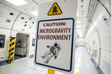 A caution sign warns of a microgravity environment in a facility designed for astronaut training and research.