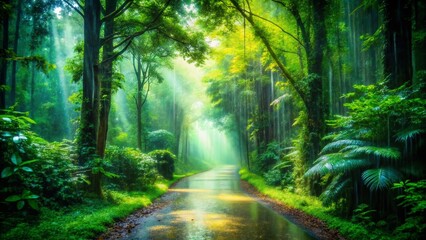 Obraz premium Serene Rain-Soaked Path through Verdant Forest