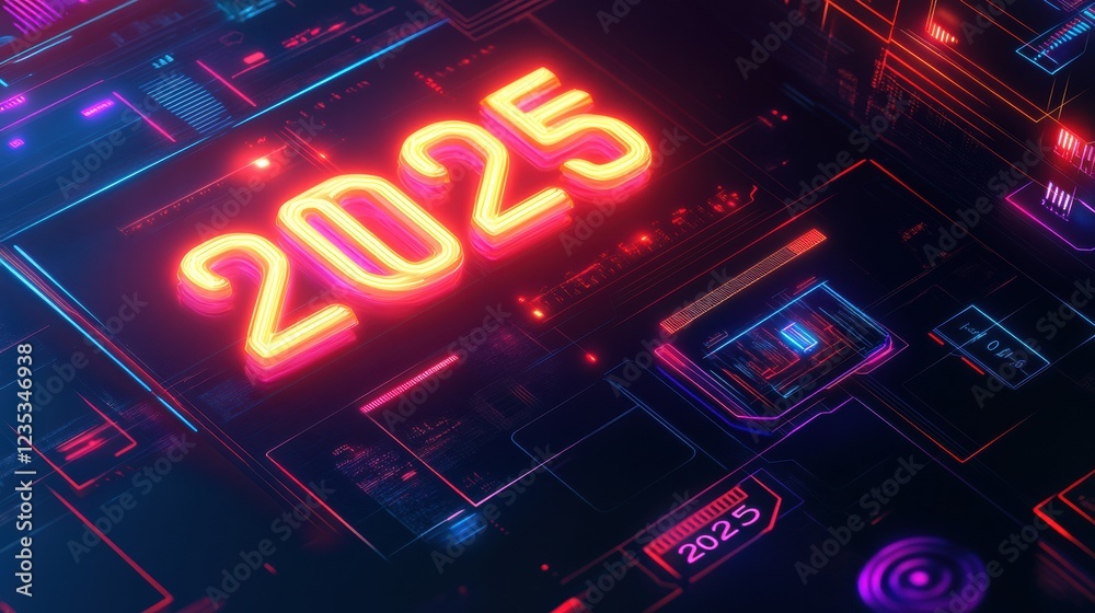 Leinwandbilder futuristic digital calendar shows vibrant year 2025 in sleek design with glowing elements and advanc