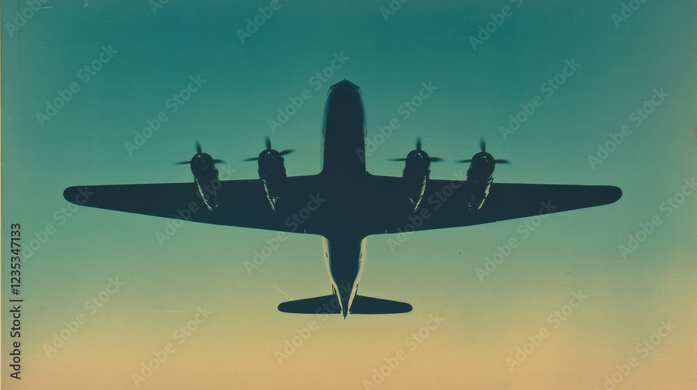 Poster silhouette of an airplane flying against a vibrant sunset sky highlighting clean lines and timeless 