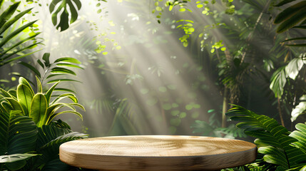 serene tropical rainforest scene with lush greenery and sunlight filtering through the canopy, creating an enchanting backdrop for product display on a wooden podium. 