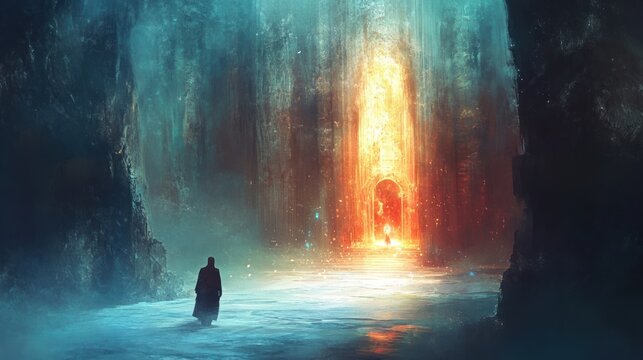 A Solitary Figure Approaches a Glowing Portal in a Mystical Landscape