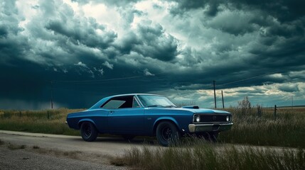Obraz premium A Classic Blue Muscle Car Under a Stormy Sky