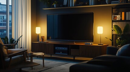 Cozy Interior with Warm Lighting and Television in a Stylish Living Room setting