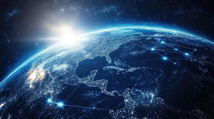 Glowing Digital Earth with Illuminated Network on a Dark Background