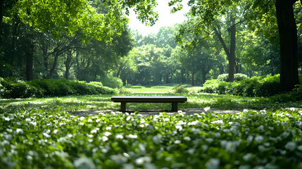 Serene park bench, sunlit path, green foliage, peaceful background, ideal for relaxation imagery