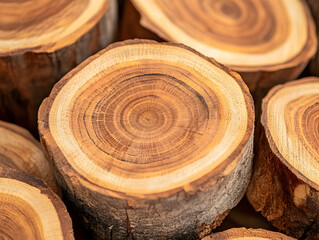 Pila de troncos de madera cortados con grietas visibles, mostrando texturas naturales, sostenibilidad y elementos de la industria maderera © Muzy Studio