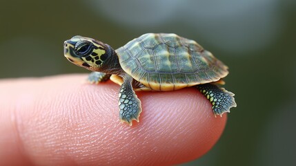 Obraz premium Tiny turtle perched on a human finger, showcasing nature's beauty in a serene outdoor setting