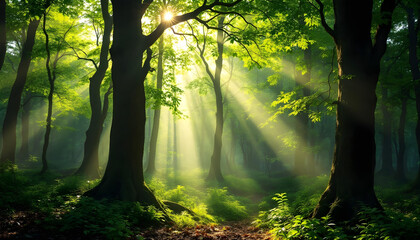 Obraz premium A breathtaking panoramic view of a lush green forest with tall trees and vibrant foliage. The morning sun shines through the dense canopy, casting long golden rays of light onto the forest floor. The 