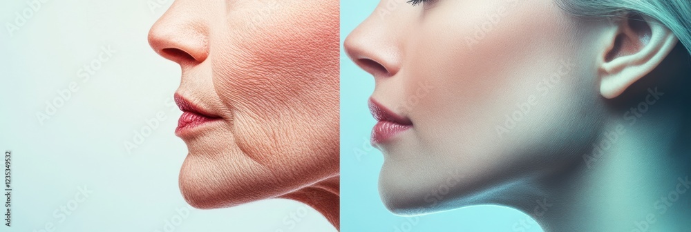 Leinwandbilder Comparison of aging and youthfulness highlighted through two faces showcasing contrasting skin textures and features. Generative AI
