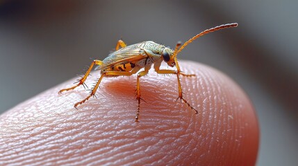 Obraz premium Close-up of an insect perched on a human fingertip, showcasing intricate details and textures