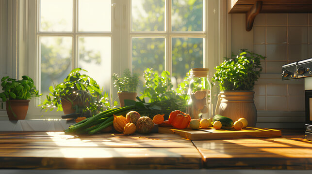  wooden kitchen counter with fresh vegetables and sunlight streaming through the window, creating an inviting atmosphere for cooking or dining in the home interior.
