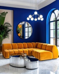 Levanto maximalist lounge with sapphire blue walls, a modular mustard velvet sofa, neon lit decor, and a sculptural chrome table reflecting bold color