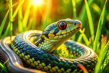 Obraz premium Snakes in Grass: Daytime Reptile Portrait Photography