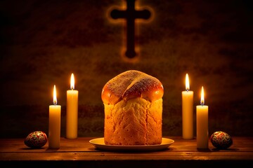 A traditional Easter cake surrounded by candles, glowing warmly in a spiritual setting with a cross in the background. Suitable for religious Easter cards, church flyers and faith-based content