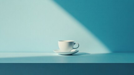 A White Coffee Cup and Saucer on a Light Blue Surface with a Shadow