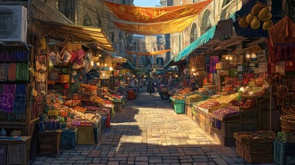 Fototapeta premium Sunlit Oriental Market Street A Vibrant Tapestry of Spices, Fabrics, and Delights