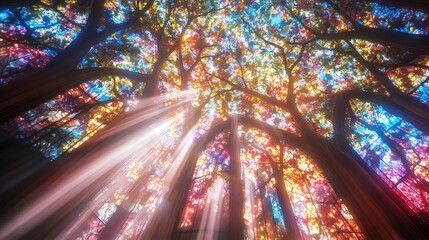 Sunlight Streaming Through Stained Glass Window Showing Autumn Trees