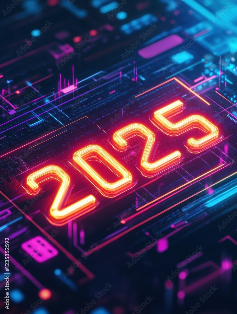 Aufkleber futuristic digital display of the year 2025 with neon lights in a vibrant technological environment.