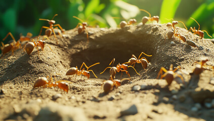  an ant hill is depicted with brown ants building their clay hills in the ground.