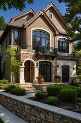 Fototapeta premium Luxury Stone House Exterior: Modern Home Design and Architecture