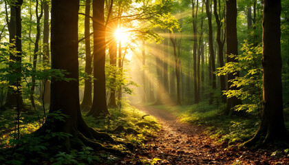 Obraz premium A breathtaking panoramic view of a lush green forest with tall trees and vibrant foliage. The morning sun shines through the dense canopy, casting long golden rays of light onto the forest floor. The 