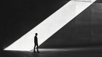 Silhouette of a Person Walking in a Sunlit Concrete Corridor