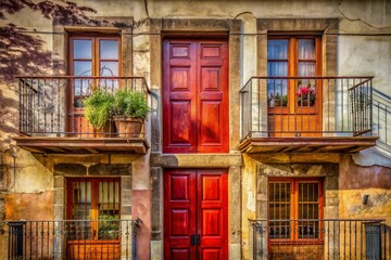 Fototapeta premium Stunning Double Exposure Balcony and Red Door