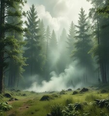 Fototapeta premium Dense green smoke hanging over a forest clearing, fog, forest
