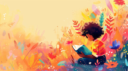 character reading book surrounded by colorful flowers and plants