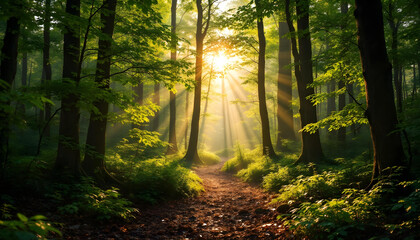 Obraz premium A breathtaking panoramic view of a lush green forest with tall trees and vibrant foliage. The morning sun shines through the dense canopy, casting long golden rays of light onto the forest floor. The 