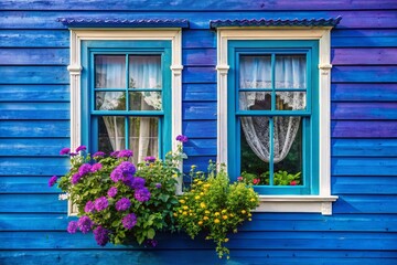 Surreal Blue Wooden House with Double Hung Window, Purple & Green Flowers