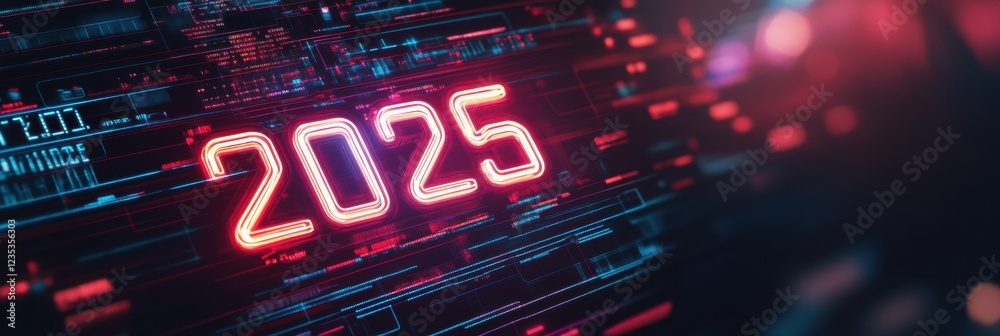 Aufkleber futuristic digital calendar displaying the year 2025 in a sleek neon design with vibrant colors. gen
