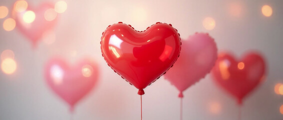 Obraz premium Festive light background with red heart shaped balloons, banner, perfect for holiday greetings. Generative AI
